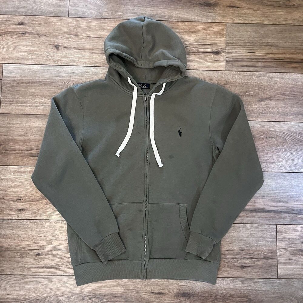 Polo Ralph Lauren Olive Green Zip Up Cotton Drawstring Hoodie Sweatshirt Men's L